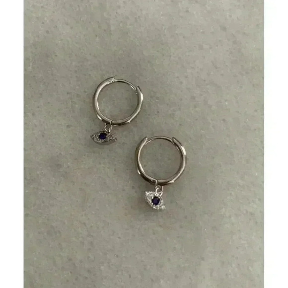 COPY - Sterling Silver Huggie Hoop Crystal Evil Eye Dangle Earrings Brand New - Picture 1 of 4